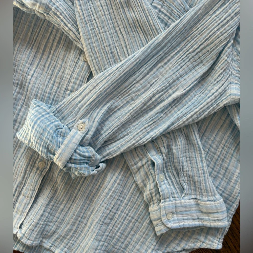 Time and Tru Womens Cotton Gauze Button Up Shirt Blue Stripe Muslin Crinkle XXL - Picture 4 of 10
